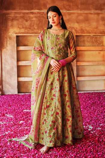 Shop_Karaj Jaipur_Pink Cotton, Chanderi Gota Patti Round Neck, Yes Gul Mehendi Green Anarkali Set