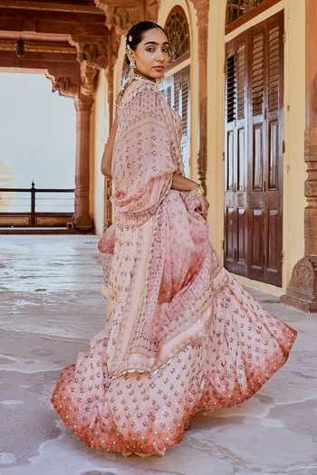 Karaj Jaipur_Peach Muslin, Organza Embroidery, Zari Scoop Neck Fiza Printed Lehanga Set _Online_at_Aza_Fashions