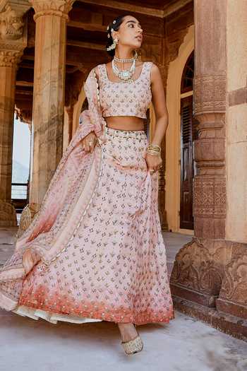 Buy_Karaj Jaipur_Peach Muslin, Organza Embroidery, Zari Scoop Neck Fiza Printed Lehanga Set _Online_at_Aza_Fashions
