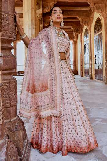 Shop_Karaj Jaipur_Peach Muslin, Organza Embroidery, Zari Scoop Neck Fiza Printed Lehanga Set _Online_at_Aza_Fashions