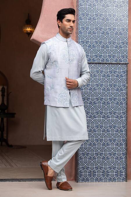 Design O Stitch_Sky Blue Embroidery Opal Mist Bundi Set _Online_at_Aza_Fashions