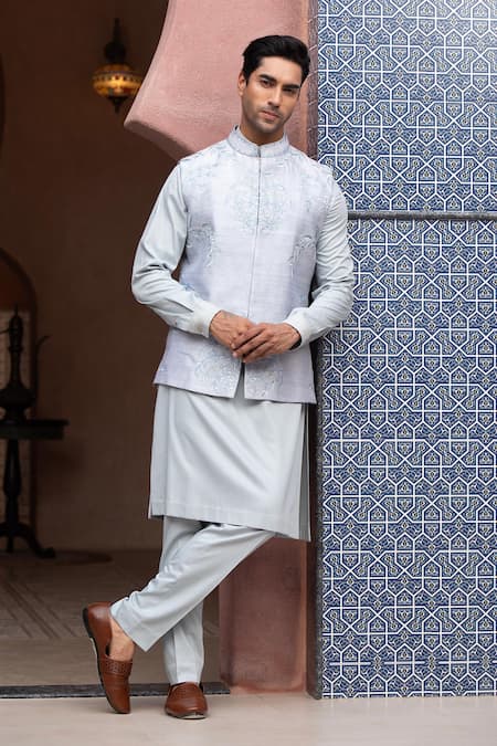 Buy_Design O Stitch_Sky Blue Embroidery Opal Mist Bundi Set _Online_at_Aza_Fashions