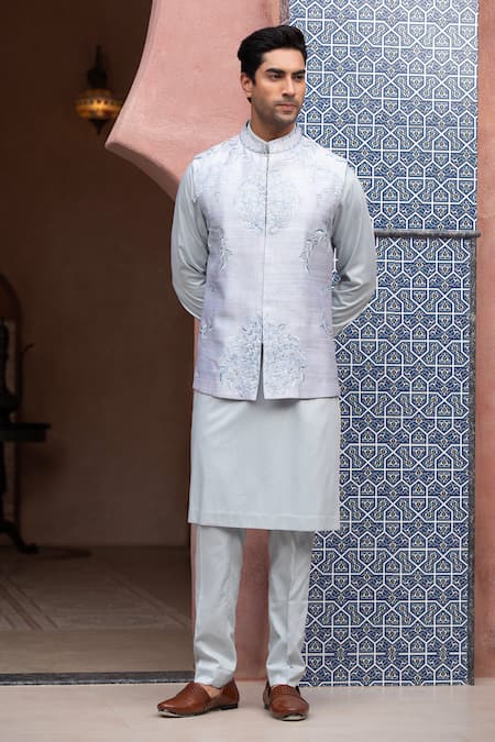 Shop_Design O Stitch_Sky Blue Embroidery Opal Mist Bundi Set _Online_at_Aza_Fashions