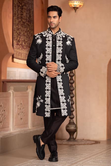 Buy_Design O Stitch_Black Suiting Embroidery Sherwani Jacket Set _Online_at_Aza_Fashions
