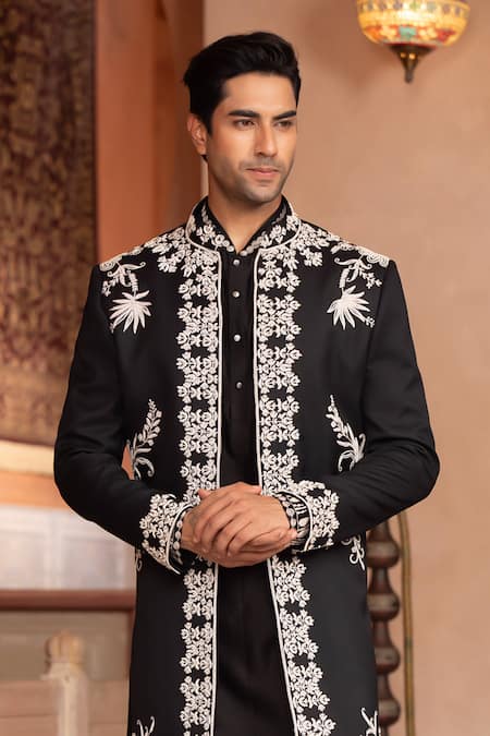 Shop_Design O Stitch_Black Suiting Embroidery Sherwani Jacket Set _Online_at_Aza_Fashions