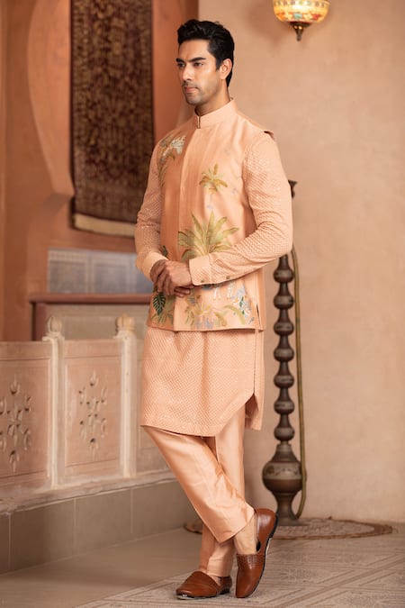 Buy_Design O Stitch_Peach Silk Embroidery Bundi Kurta Set _Online_at_Aza_Fashions