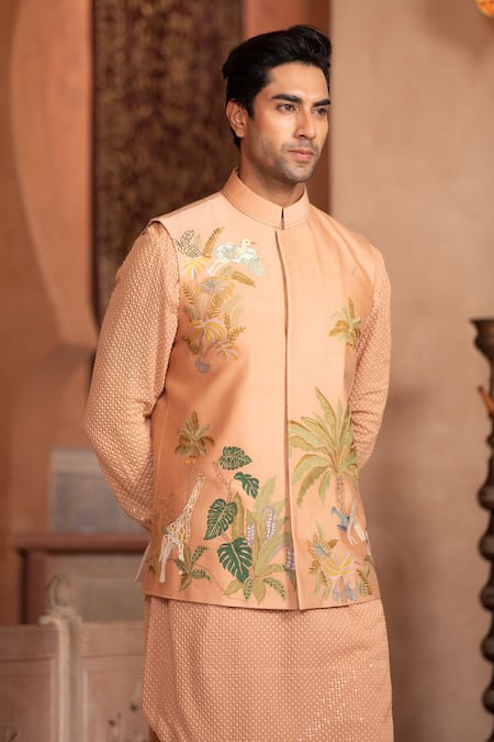 Shop_Design O Stitch_Peach Silk Embroidery Bundi Kurta Set _Online_at_Aza_Fashions