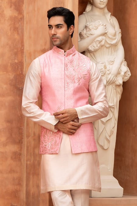 Buy_Design O Stitch_Pink Chanderi Silk Leatherwork Nehru Jacket Set _Online_at_Aza_Fashions