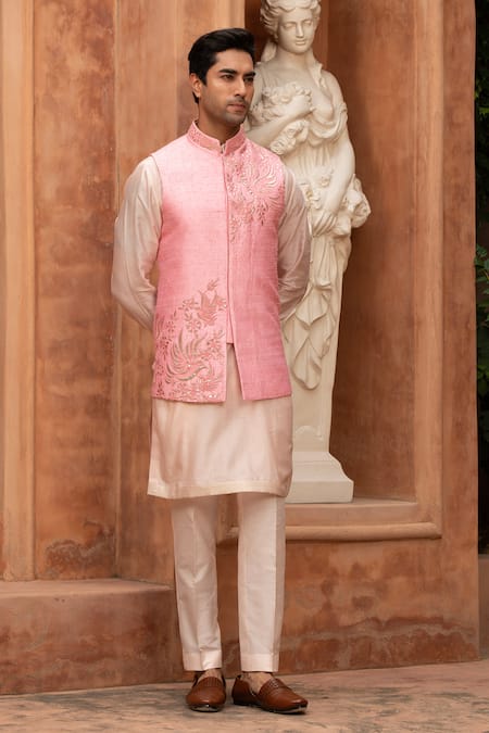 Shop_Design O Stitch_Pink Chanderi Silk Leatherwork Nehru Jacket Set _Online_at_Aza_Fashions