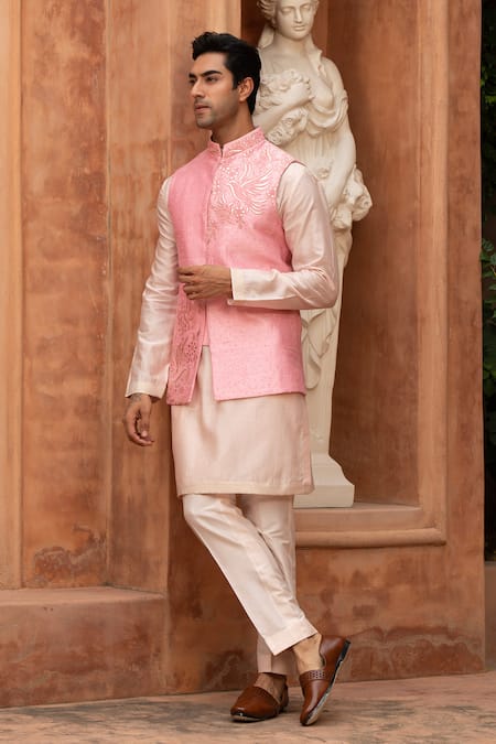 Design O Stitch_Pink Chanderi Silk Leatherwork Nehru Jacket Set _at_Aza_Fashions