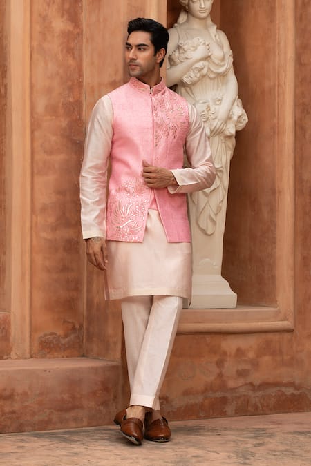 Buy_Design O Stitch_Pink Chanderi Silk Leatherwork Nehru Jacket Set 