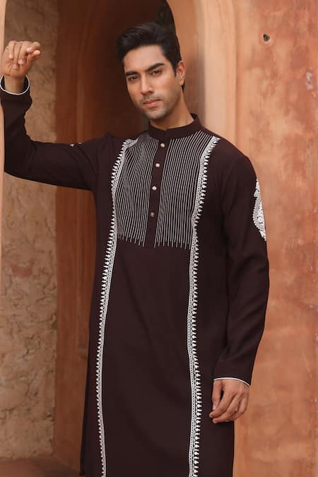 Buy_Design O Stitch_Brown Suiting Embroidery Cocoa Vine Kurta Set _Online_at_Aza_Fashions