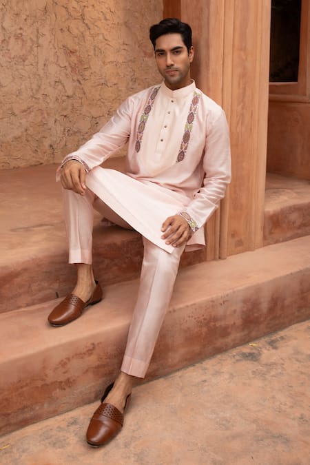 Shop_Design O Stitch_Pink Silk Embroidery Kurta And Pant Set _Online_at_Aza_Fashions