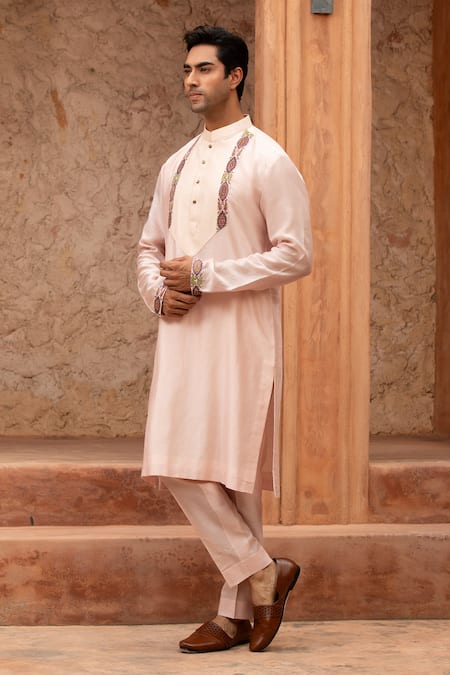 Design O Stitch_Pink Silk Embroidery Kurta And Pant Set _at_Aza_Fashions