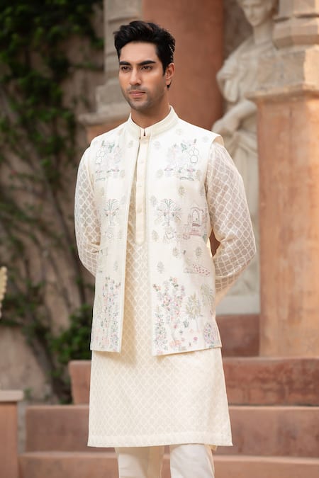 Design O Stitch_Pink Silk Embroidery Nehru Jacket Set _Online_at_Aza_Fashions