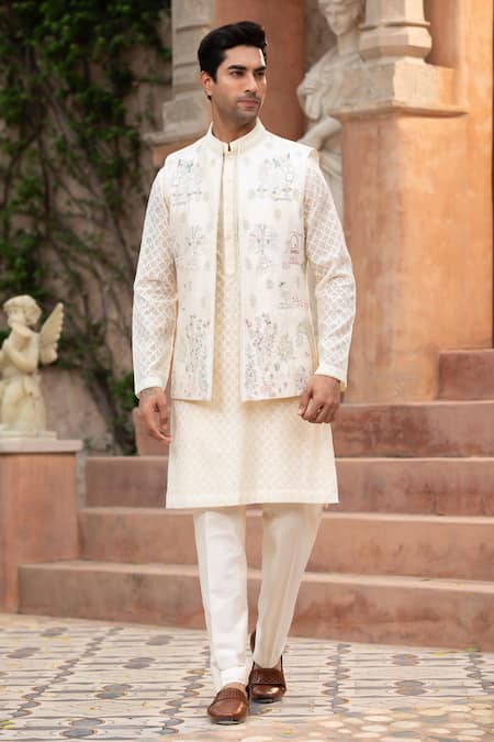 Buy_Design O Stitch_Pink Silk Embroidery Nehru Jacket Set _Online_at_Aza_Fashions