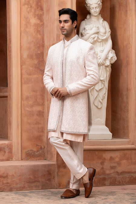 Design O Stitch_Ivory Embroidery, Mirrors Sequin Sherwani Set _at_Aza_Fashions