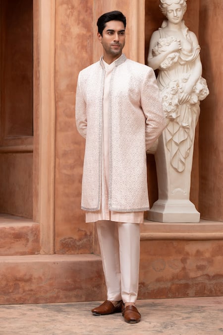 Buy_Design O Stitch_Ivory Embroidery, Mirrors Sequin Sherwani Set 
