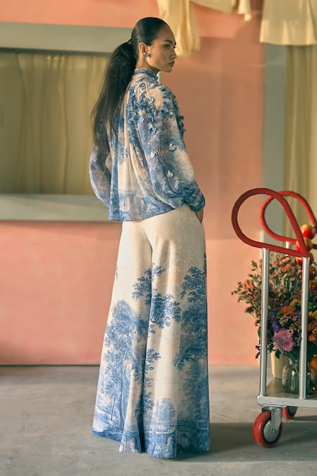 Pankaj & Nidhi Porto Sapphire Solstice Printed Top & Flared Pant Set 