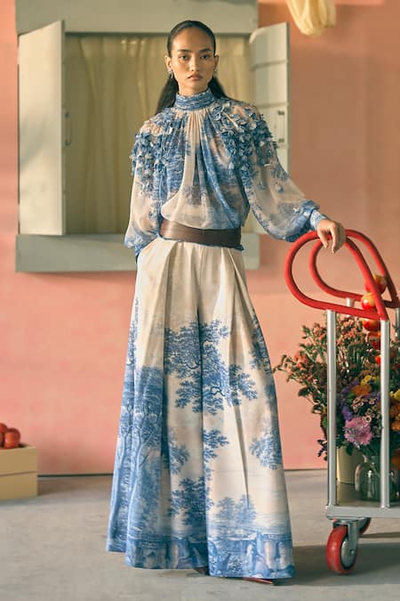Pankaj & Nidhi Porto Sapphire Solstice Printed Top & Flared Pant Set 