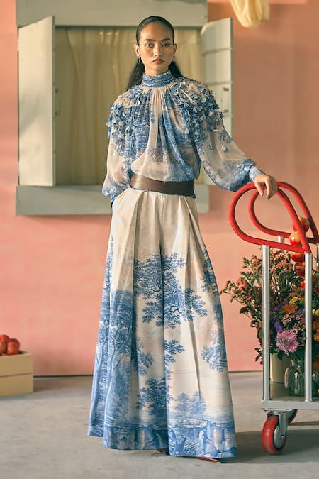 Pankaj & Nidhi Porto Sapphire Solstice Print Top 