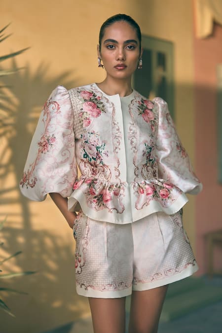 Pankaj & Nidhi Porto Rosera Print Peplum Jacket & Shorts Set 