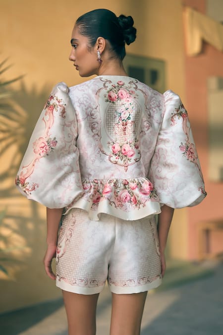 Pankaj & Nidhi Porto Rosera Print Peplum Jacket & Shorts Set 