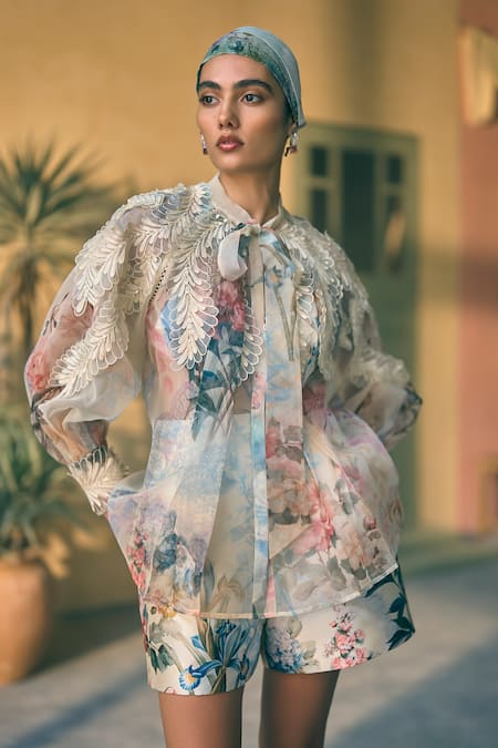Pankaj & Nidhi Porto Filigree Flora Embroidered Top & Shorts Set 