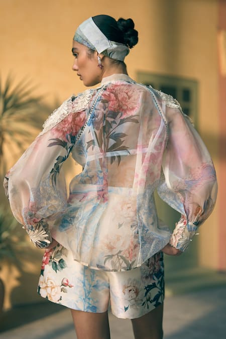 Pankaj & Nidhi Porto Filigree Flora Embroidered Top & Shorts Set 
