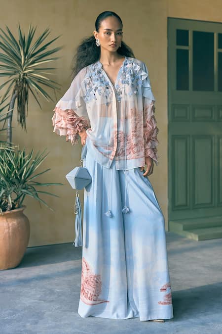 Pankaj & Nidhi Porto Bloom Print Top & Flared Pant Set 