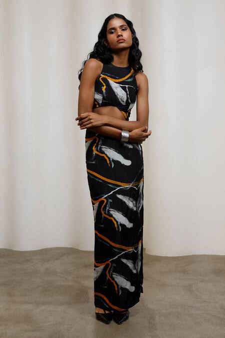 Advait Black Chiffon, Lurex High Neck Iro Printed Skirt Set at Aza Fashions Advait_Black Chiffon, Lurex High Neck Iro Printed Skirt Set _at_Aza_Fashions