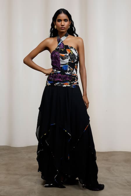 Advait Noa Handkerchief Crinkle Chiffon Halter Maxi Dress 