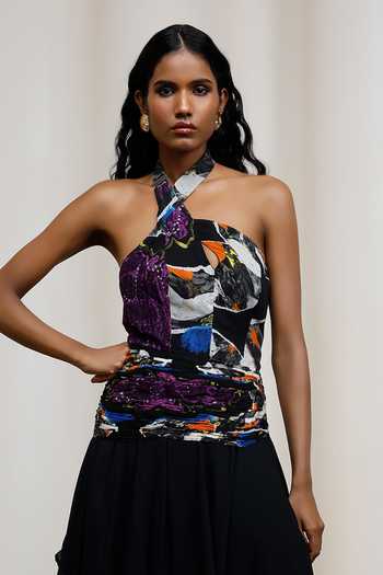 Shop_Advait_Blue Chiffon Halter Neck Noa Handkerchief Crinkle Maxi Dress _Online_at_Aza_Fashions