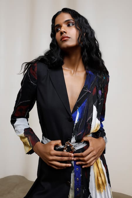 Buy_Advait_Blue Chiffon, Suiting V-neck Kiyo Blazer Dress _Online_at_Aza_Fashions