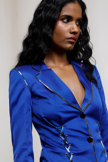 Buy_Advait_Blue Georgette, Satin V-neck, Collared Ruri Blazer Dress _Online_at_Aza_Fashions
