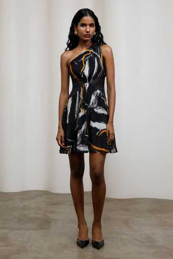 Advait_Black Chiffon, Lurex One Shoulder Iro Dress _Online_at_Aza_Fashions