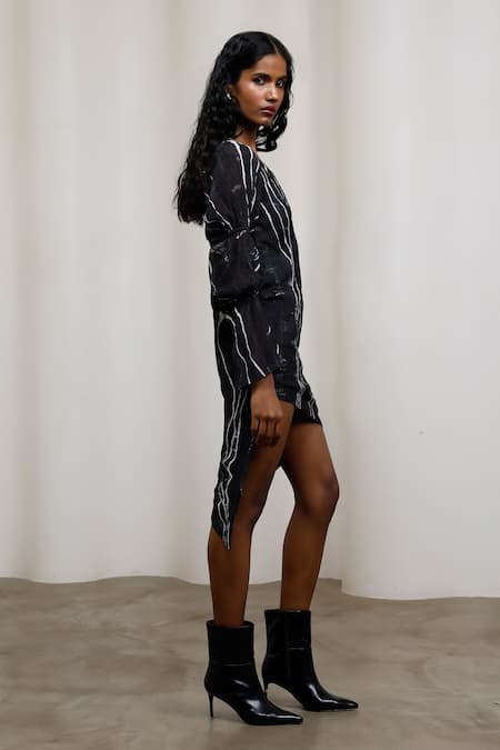 Advait_Black Chiffon, Lurex One Shoulder Rei Dress _Online_at_Aza_Fashions