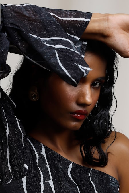 Buy_Advait_Black Chiffon, Lurex One Shoulder Rei Dress _Online_at_Aza_Fashions