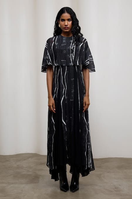 Advait_Black Chiffon, Lurex Round Neck Rei Overlay Dress _Online_at_Aza_Fashions