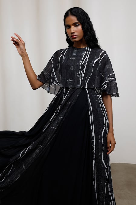 Buy_Advait_Black Chiffon, Lurex Round Neck Rei Overlay Dress _Online_at_Aza_Fashions
