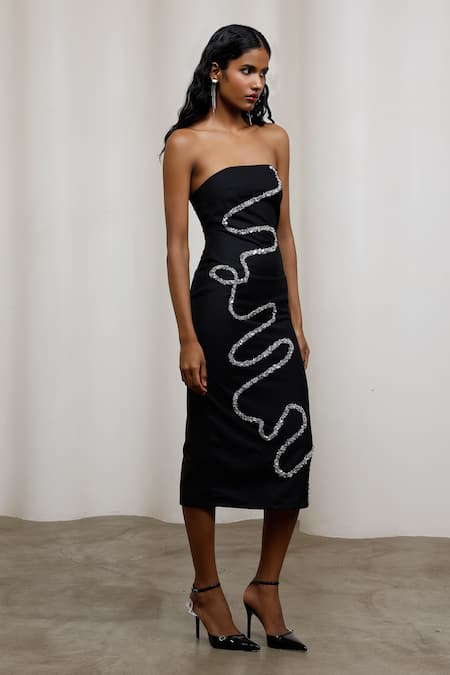 Advait_Black Suiting Sequins Bandeau Neck Kuro Scribble Midi Dress _Online_at_Aza_Fashions