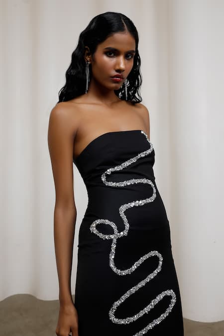 Buy_Advait_Black Suiting Sequins Bandeau Neck Kuro Scribble Midi Dress _Online_at_Aza_Fashions