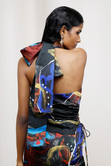 Shop Advait Blue Georgette, Satin Halter Neck Saeri Tie-up Dress Online at Aza Fashions Shop_Advait_Blue Georgette, Satin Halter Neck Saeri Tie-up Dress _Online_at_Aza_Fashions