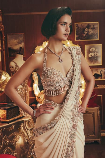 Buy_Roqa_Ivory Georgette, Net Embroidery, Sequins, Emma Shimmer Saree And Blouse Set _Online_at_Aza_Fashions