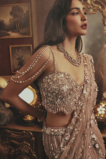 Roqa_Peach Net Embroidery, Sequins, Pearls Sweetheart Neck Anne Lehenga Set _Online_at_Aza_Fashions