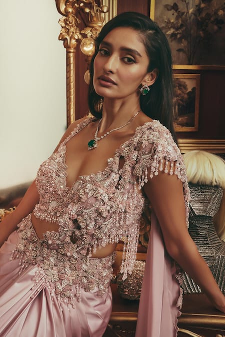 Buy_Roqa_Pink Satin, Modal, Net Embroidery, Beads, Isadora Embellished Saree And Blouse Set _Online_at_Aza_Fashions