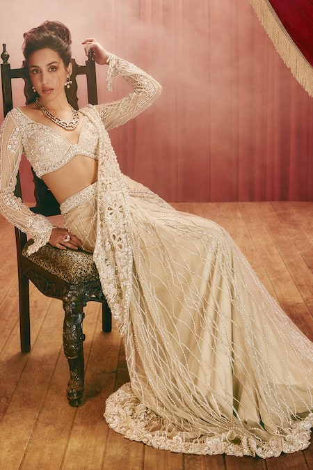 Buy Roqa Ivory Net Beads, Pearls, Stones V-neck Natalia Pre-draped Saree And Blouse Set Online at Aza Fashions Buy_Roqa_Ivory Net Beads, Pearls, Stones V-neck Natalia Pre-draped Saree And Blouse Set _Online_at_Aza_Fashions
