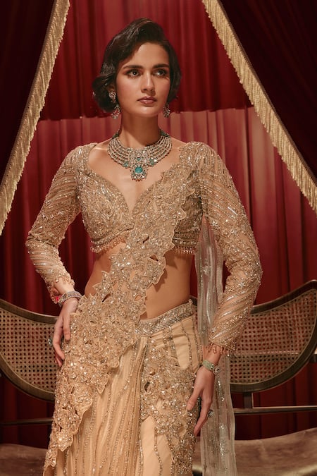Roqa_Gold Net Sequins, Beads, Zari, Stones Jennifer Pre-draped Saree And Blouse Set _Online_at_Aza_Fashions