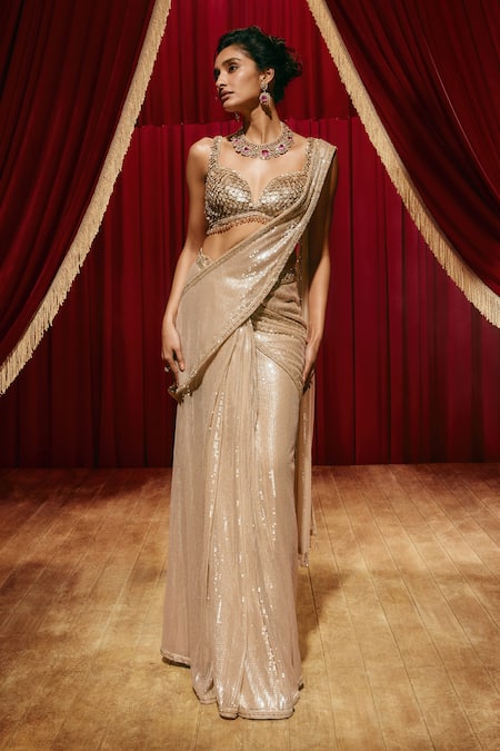Roqa_Gold Net Sequins Sweetheart Neck Laura Saree Set _Online_at_Aza_Fashions
