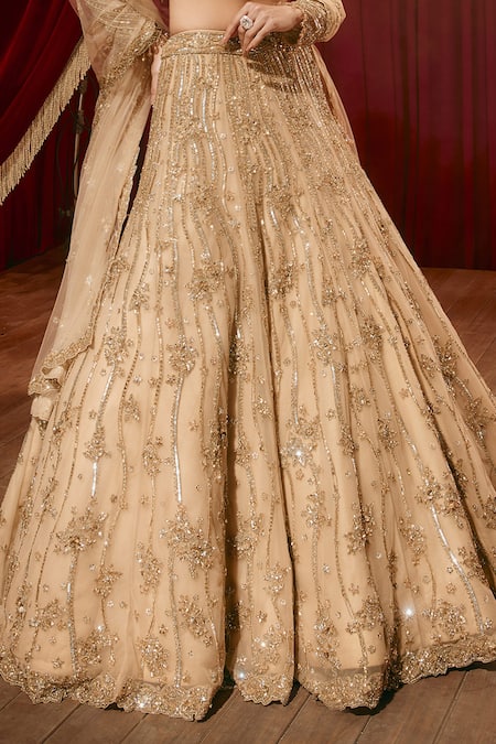Buy_Roqa_Gold Net Embroidery, Sequins V-neck Ivy Lehenga Set _Online_at_Aza_Fashions